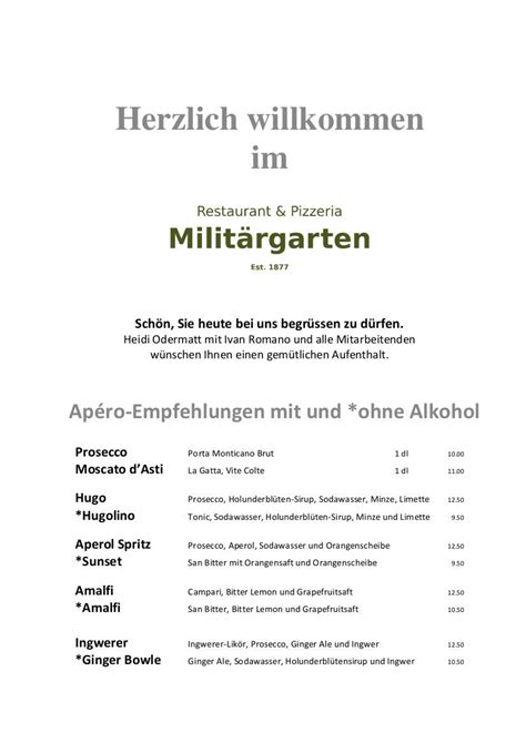 militärgarten|Speisekarte